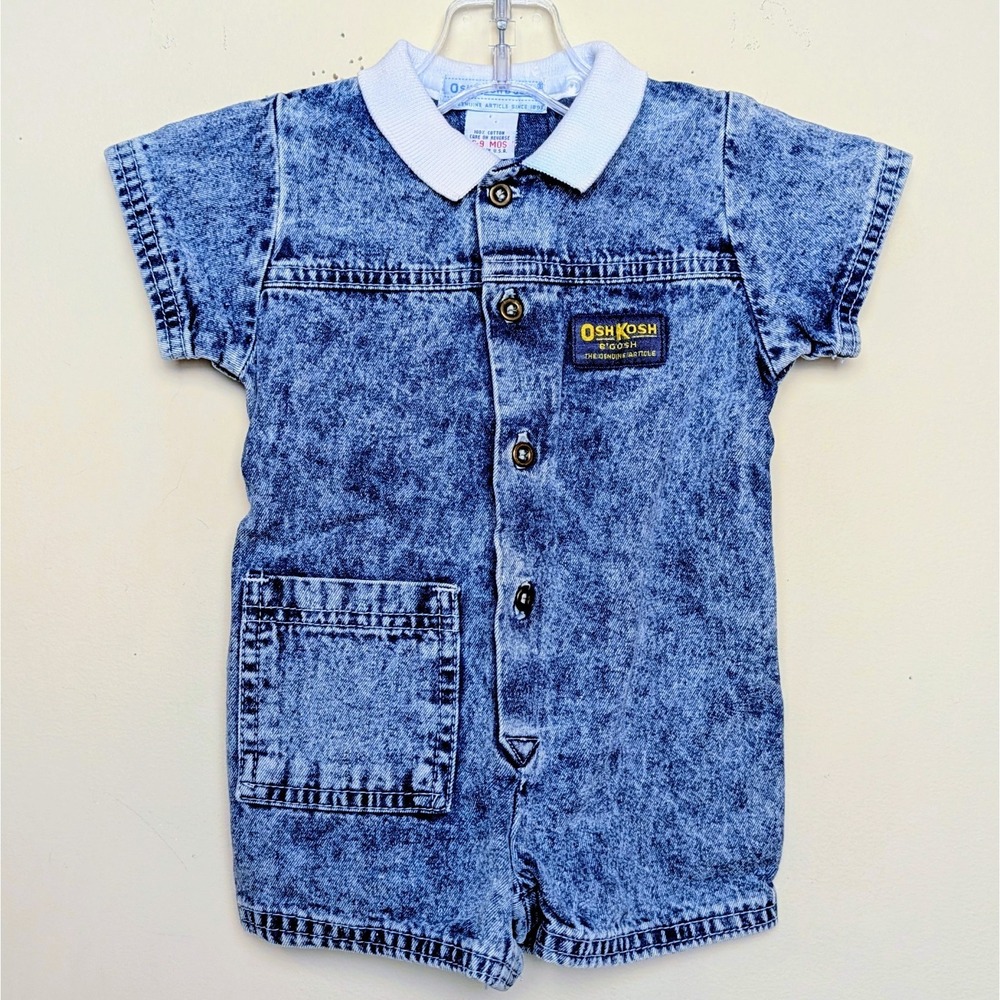Vintage OshKosh BGosh Denim Romper Acid Wash Collared Jumpsuit Jumper 6-9 Months